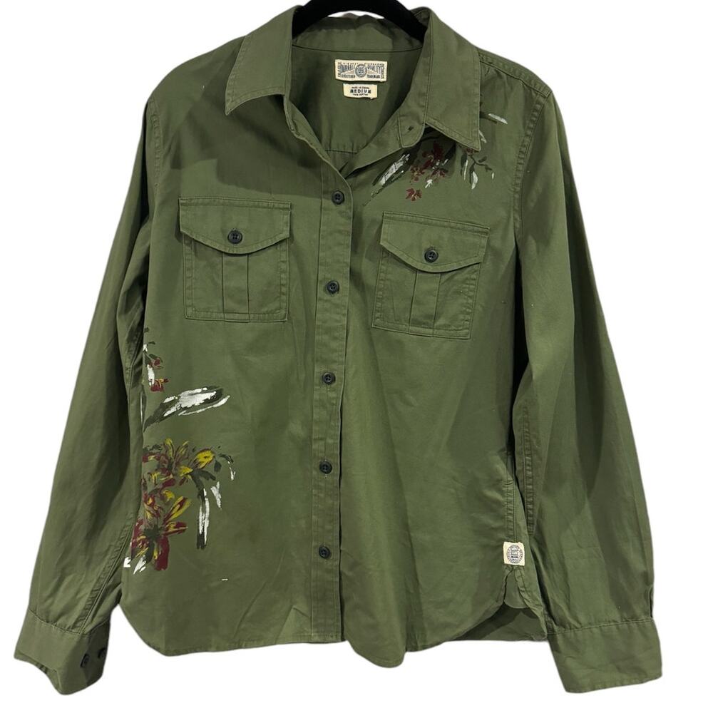 Lucky Brand shirt M‎ olive green, painted, cotton, button down, painted